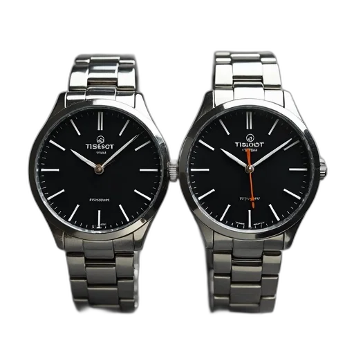 jewelry, monochrome, two, identical, silver, wristwatches, black, dials transparent PNG cut-out