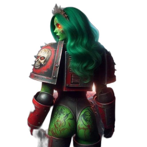robot, staff, concept art, fantasy art, 3d render, pixel art, green, female transparent PNG cut-out