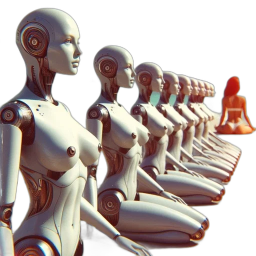 robot, concept art, 3d render, cyberpunk, lineup, metallic, humanoid, robots transparent PNG cut-out