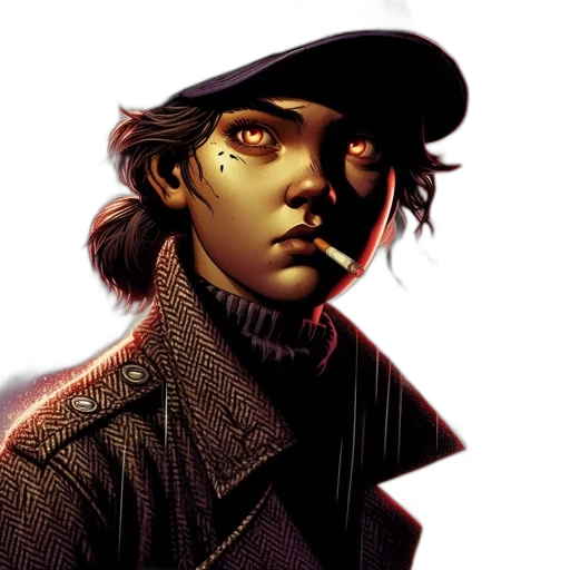 hat, face, jacket, comic book art, concept art, photorealistic, fantasy art, dark transparent PNG cut-out