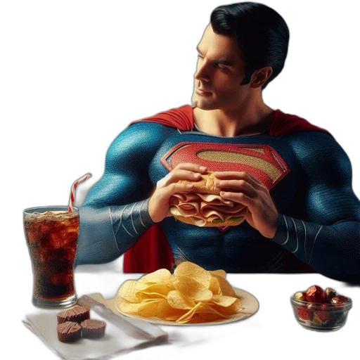 food, photorealistic, comic book art, concept art, 3d render, individual, dressed, superman transparent PNG cut-out