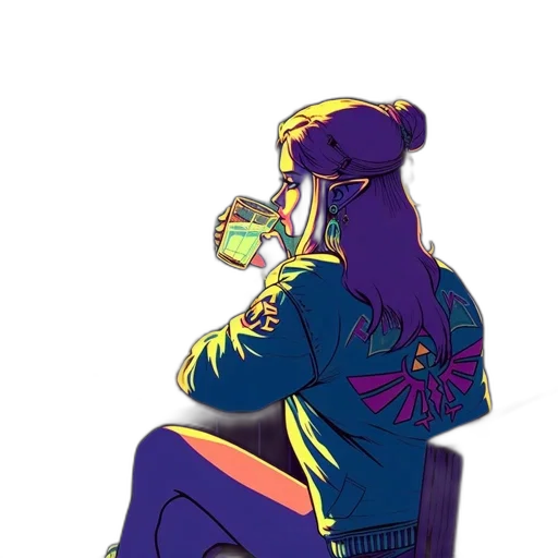 jacket, crown, bottle, staff, vaporwave, cyberpunk, concept art, pixel art transparent PNG cut-out