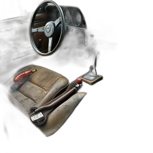 car, concept art, photorealistic, 3d render, interior, dirty, worn-out, floor transparent PNG cut-out