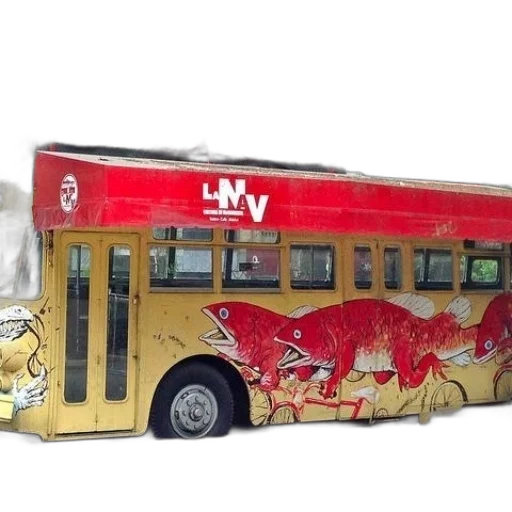 concept art, 3d render, photorealistic, yellow, bus, red, fish, graffiti transparent PNG cut-out