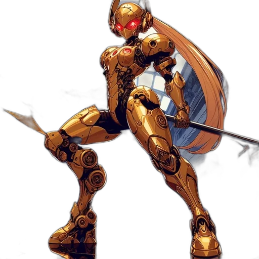 robot, weapon, sword, concept art, fantasy art, comic book art, pixel art, golden transparent PNG cut-out