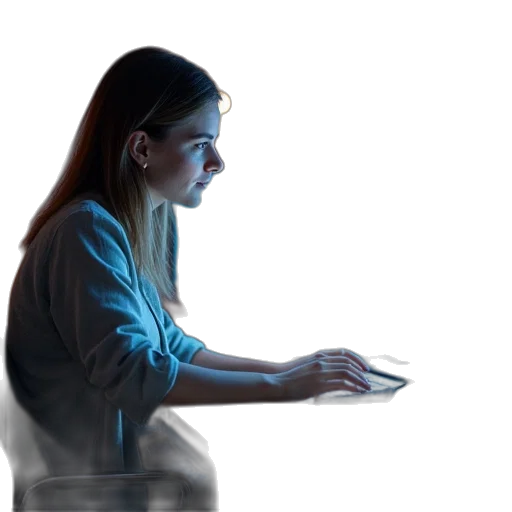 staff, concept art, 3d render, photorealistic, woman, sitting, computer, text transparent PNG cut-out