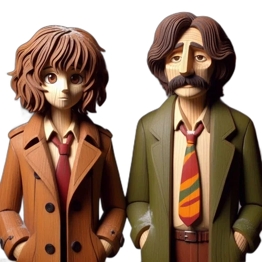 concept art, 3d render, cartoon, anime, two, wooden, sculptures, young transparent PNG cut-out