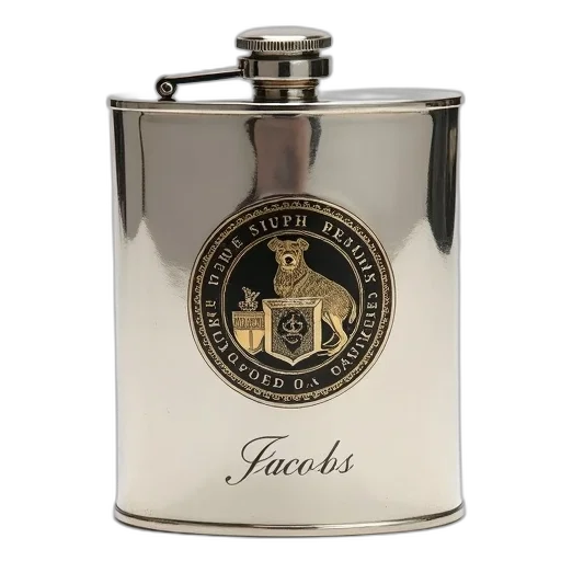 bottle, silver, flask, black, gold, emblem, featuring, dog transparent PNG cut-out