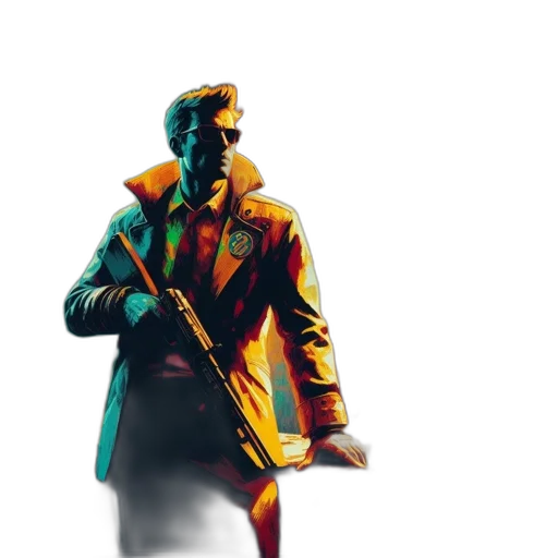 jacket, weapon, face, concept art, comic book art, pixel art, 3d render, neon transparent PNG cut-out