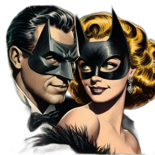 mask, comic book art, concept art, photorealistic, two, figures, male, female transparent PNG cut-out