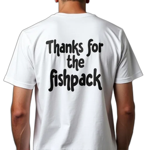 back, white, shirt, black, text, saying, thanks, fishpack transparent PNG cut-out