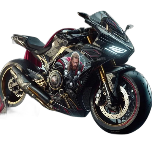 weapon, photorealistic, concept art, 3d render, comic book art, futuristic, motorcycle, thor-inspired transparent PNG cut-out
