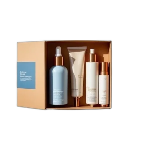 collection, skincare, products, displayed, brown, box, blue, logo transparent PNG cut-out