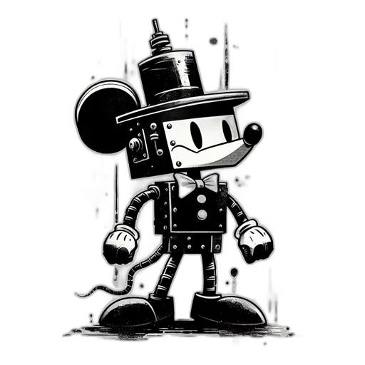 robot, hat, staff, cartoon, comic book art, concept art, pixel art, monochrome transparent PNG cut-out