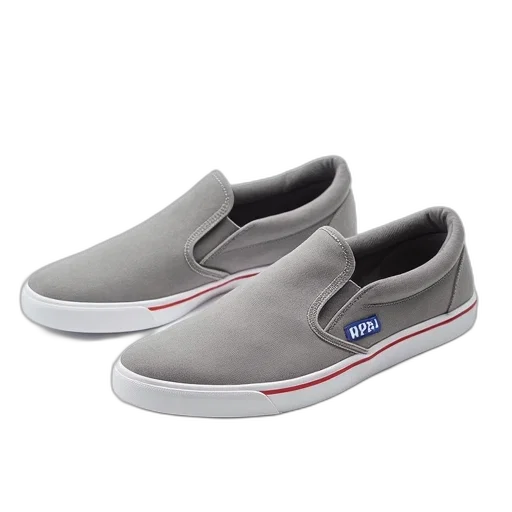 shoes, pair, grey, slip-on, red, stripe, side, blue transparent PNG cut-out