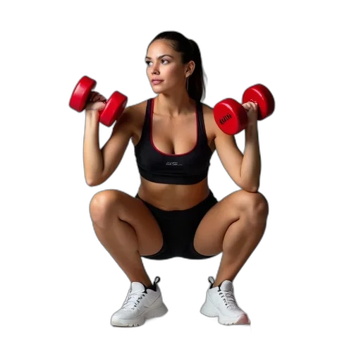 weapon, woman, squatting, position, holding, dumbbell, each, hand transparent PNG cut-out
