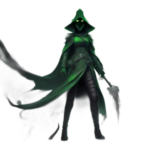 mask, creature, staff, concept art, fantasy art, pixel art, comic book art, green transparent PNG cut-out