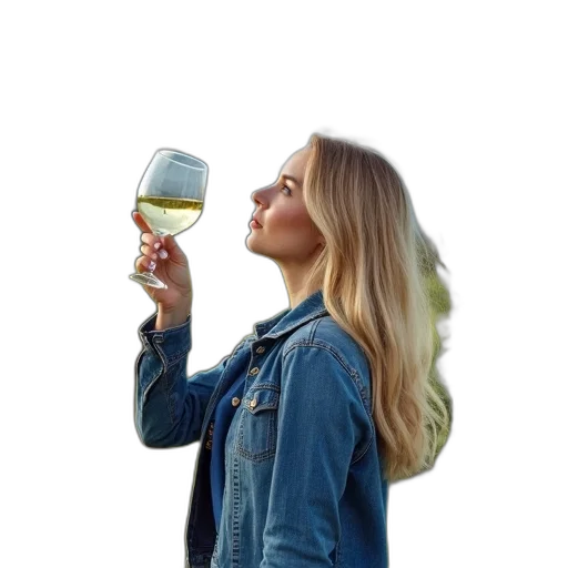 bottle, photorealistic, 3d render, woman, blonde, hair, standing, vineyard transparent PNG cut-out