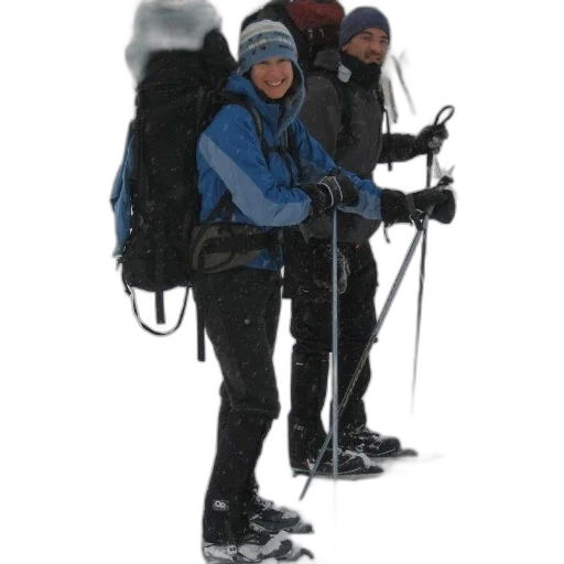 staff, jacket, snow, two, people, backpacks, ski, poles transparent PNG cut-out