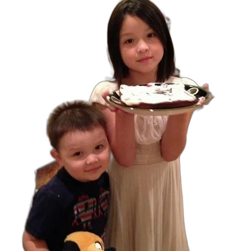 young, girl, holds, plate, cake, while, boy, stands transparent PNG cut-out