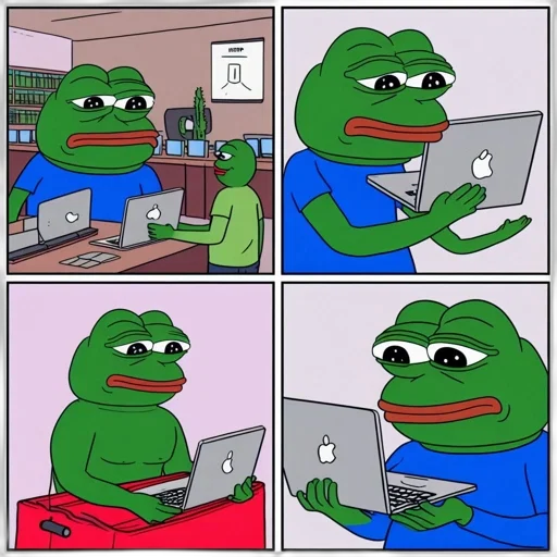 robot, pepe, frog, depicted, series, panels, initially, sits transparent PNG cut-out