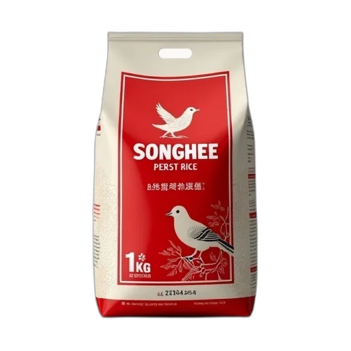 bag, rice, red, label, featuring, bird, design, brand transparent PNG cut-out
