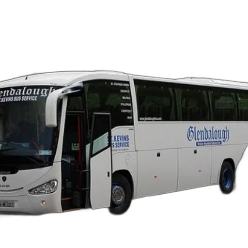 3d render, photorealistic, white, bus, glendalough, written, side, parked transparent PNG cut-out