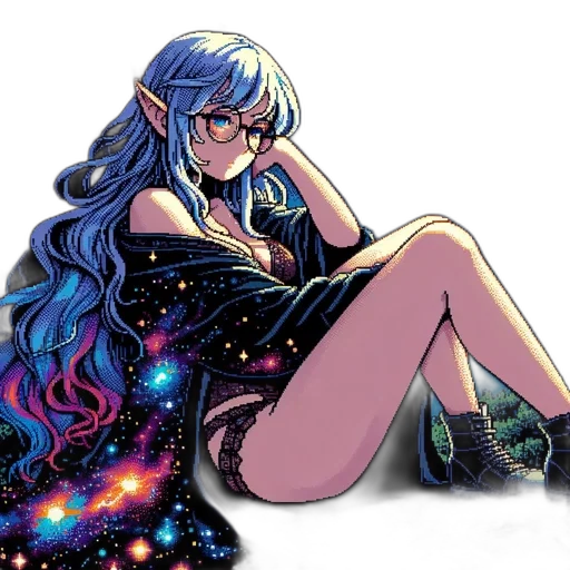 dress, staff, anime, pixel art, vaporwave, cartoon, outer space, neon lights transparent PNG cut-out