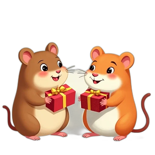 concept art, 3d render, two, cartoon, hamsters, gifts, stock, illustration transparent PNG cut-out