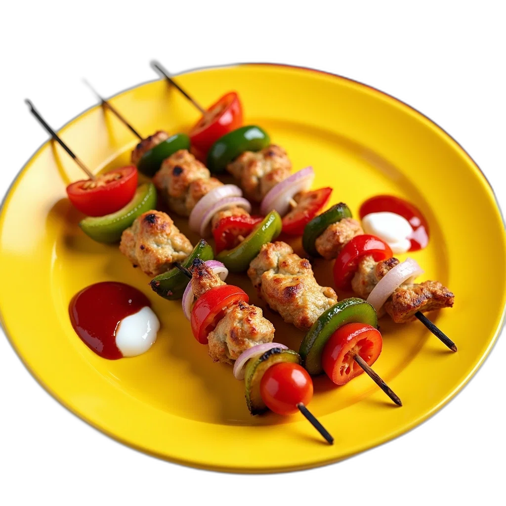 food, weapon, 3d render, photorealistic, plate, skewered, vegetables, meat transparent PNG cut-out