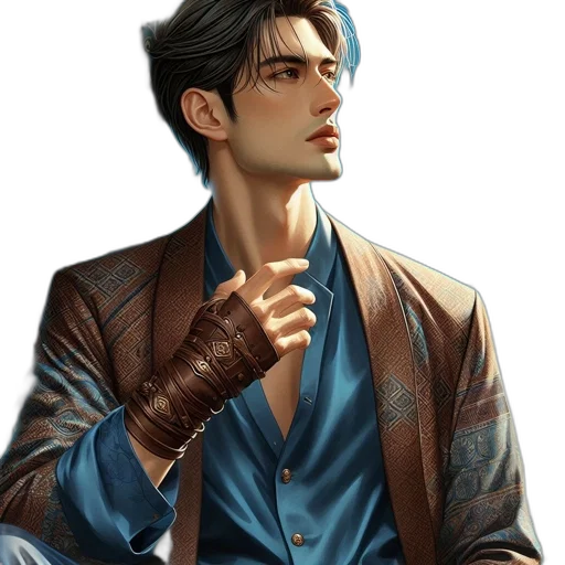 jacket, fantasy art, concept art, photorealistic, comic book art, blue, earth tones, dark transparent PNG cut-out