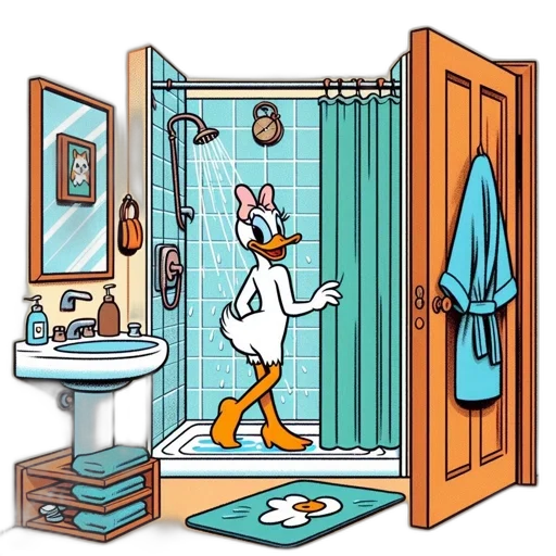 animal, cartoon, concept art, 3d render, comic book art, duck, stands, shower transparent PNG cut-out