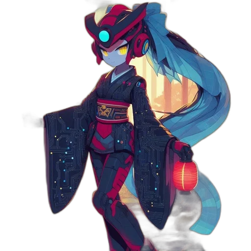 robot, jacket, staff, dress, concept art, cyberpunk, vaporwave, pixel art transparent PNG cut-out