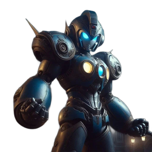 robot, weapon, concept art, 3d render, cyberpunk, fantasy art, blue, towering transparent PNG cut-out