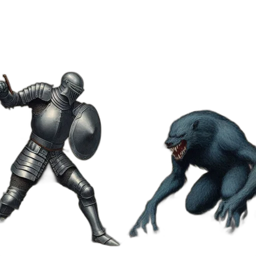 concept art, 3d render, fantasy art, pixel art, monochrome, dark, knight, stands transparent PNG cut-out