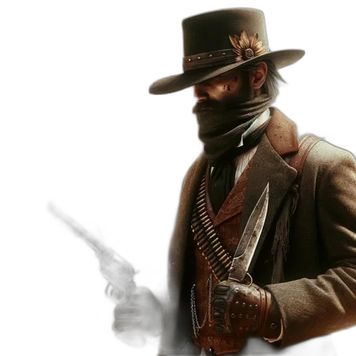 hat, weapon, staff, concept art, photorealistic, fantasy art, western-clad, man transparent PNG cut-out
