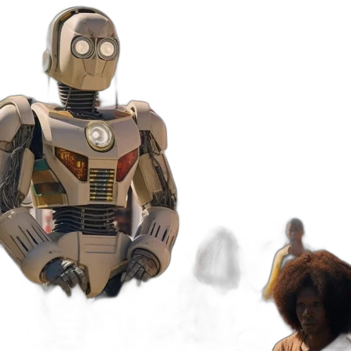 robot, concept art, 3d render, comic book art, outer space, earth tones, golden, large transparent PNG cut-out