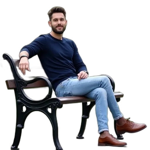 furniture, staff, jacket, hair, 3d render, photorealistic, man, sitting transparent PNG cut-out