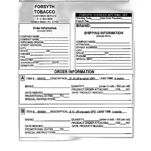 forsyth, tobacco, order, form, two, items, listed, including transparent PNG cut-out