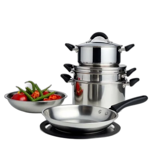food, stainless, steel, frying, pan, black, handle, placed transparent PNG cut-out