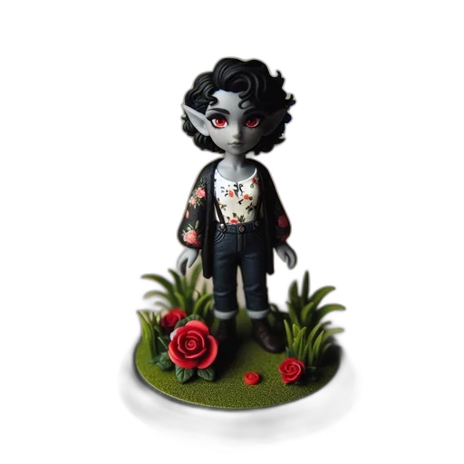 concept art, 3d render, fantasy art, elf, figurine, floral, blouse, black transparent PNG cut-out