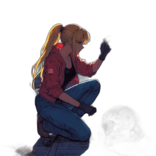 jacket, weapon, concept art, comic book art, cyberpunk, pixel art, fire, fog transparent PNG cut-out