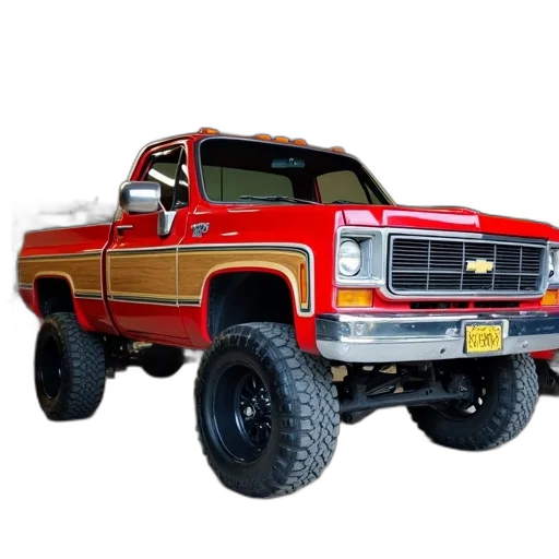 car, 3d render, photorealistic, red, pickup, truck, wooden, panel transparent PNG cut-out