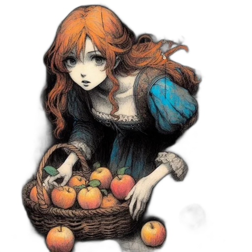 food, fantasy art, concept art, watercolor, comic book art, monochrome, young, woman transparent PNG cut-out