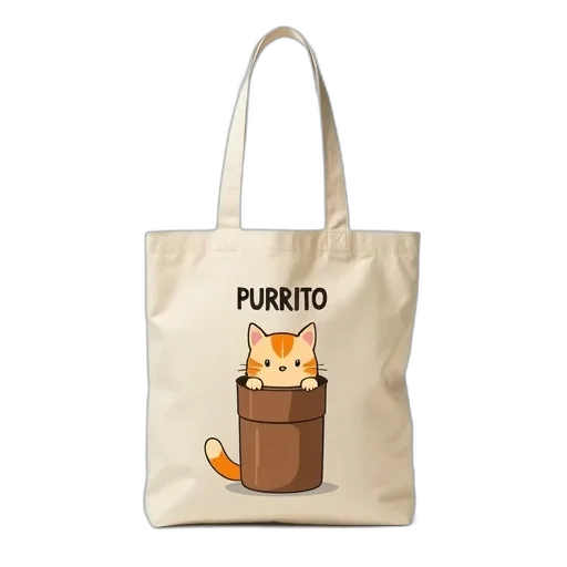 photorealistic, beige, tote, bag, cute, cartoon, cat, sitting transparent PNG cut-out
