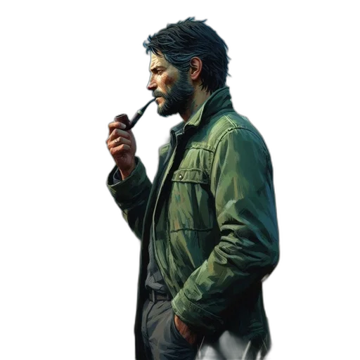 jacket, face, staff, concept art, photorealistic, oil painting, pixel art, green transparent PNG cut-out