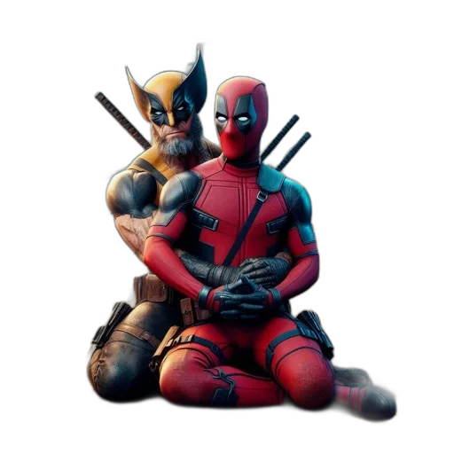 comic book art, concept art, 3d render, wolverine, deadpool, seated, ship, deck transparent PNG cut-out