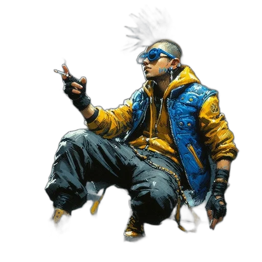 jacket, staff, concept art, cyberpunk, fantasy art, comic book art, blue, person transparent PNG cut-out