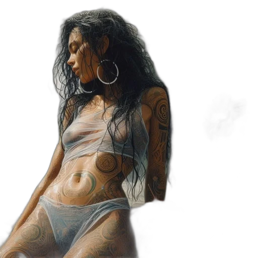 photorealistic, oil painting, watercolor, concept art, woman, wet, hair, stands transparent PNG cut-out