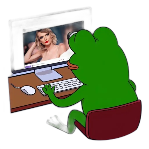cartoon, frog, seated, desk, before, computer, gazes, intently transparent PNG cut-out